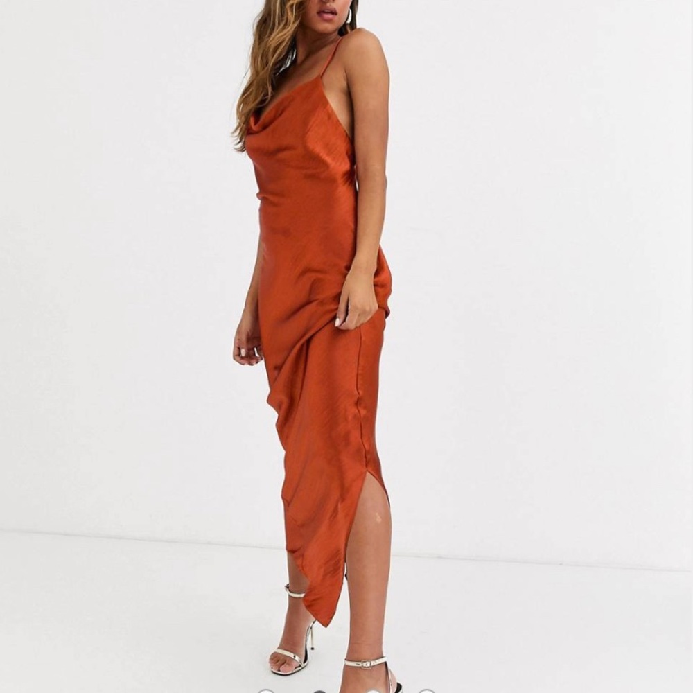 ASOS DESIGN cami maxi summer dress in high shine satin with lace up back in rust